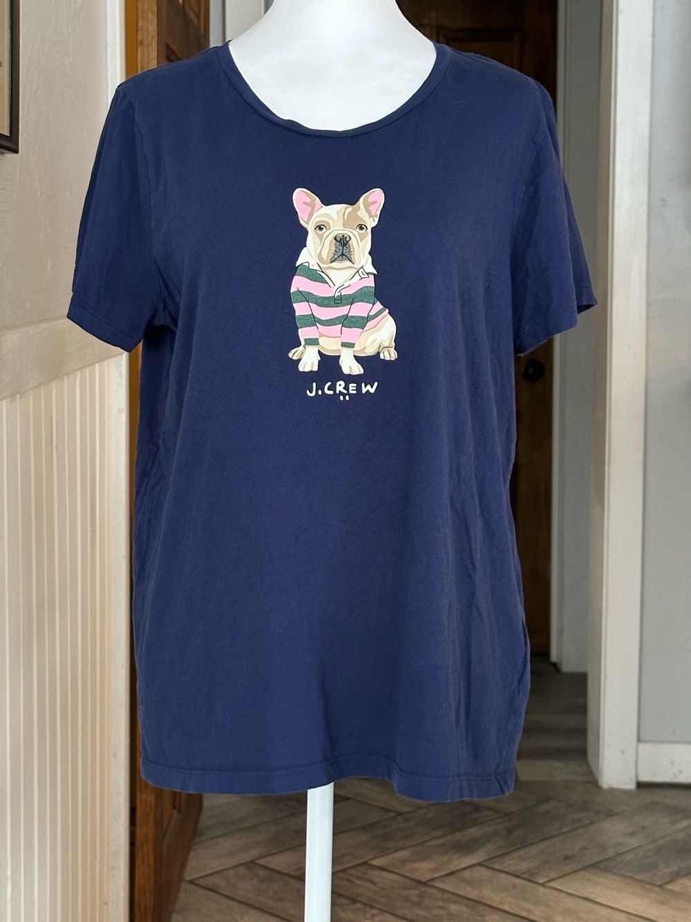 J. Crew Navy Collector Tee with Striped Rugby French Bulldog Graphic Sz Large